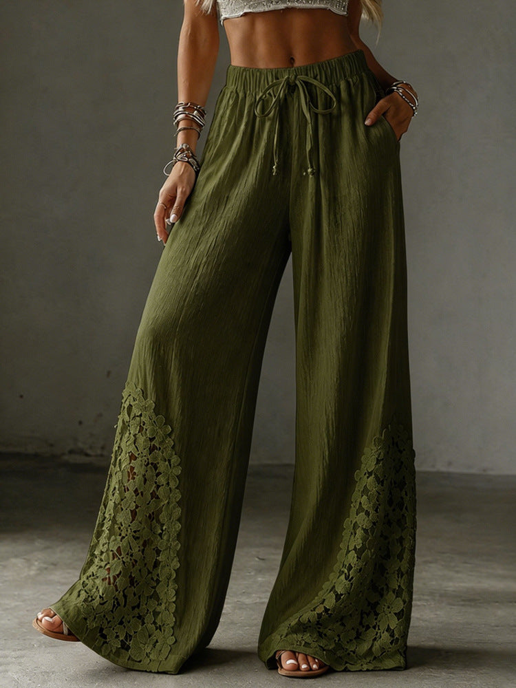 Women's solid color fashionable casual loose lace pocket drawstring elastic waist wide-leg pants