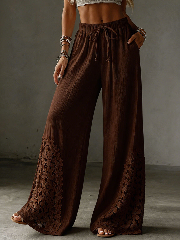 Women's solid color fashionable casual loose lace pocket drawstring elastic waist wide-leg pants