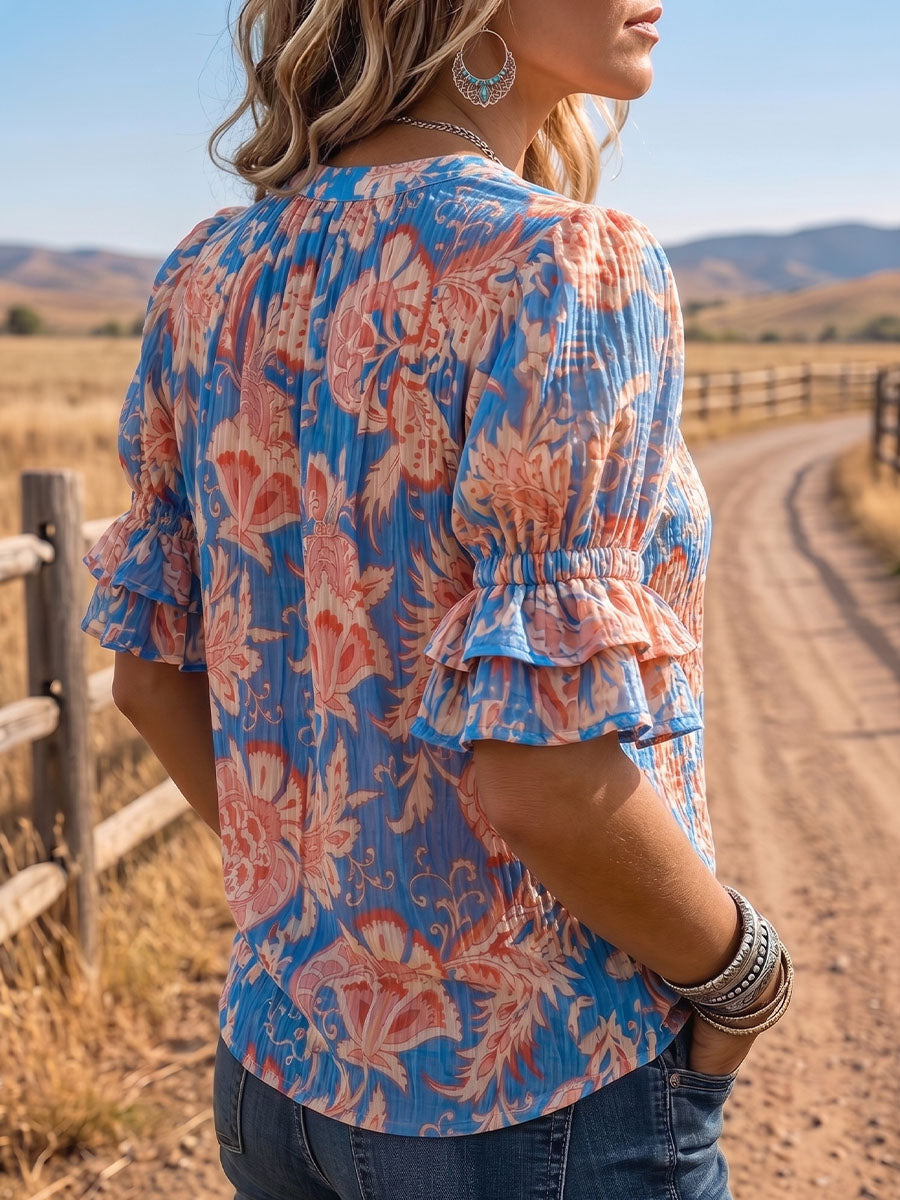 Vintage Art Comfortable Summer Fabrics Puff Sleeve Casual Shirt