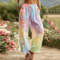Women's Hippie Sun Moon Stars Art Tie-dye Candy Color Cotton Linen Casual Pants