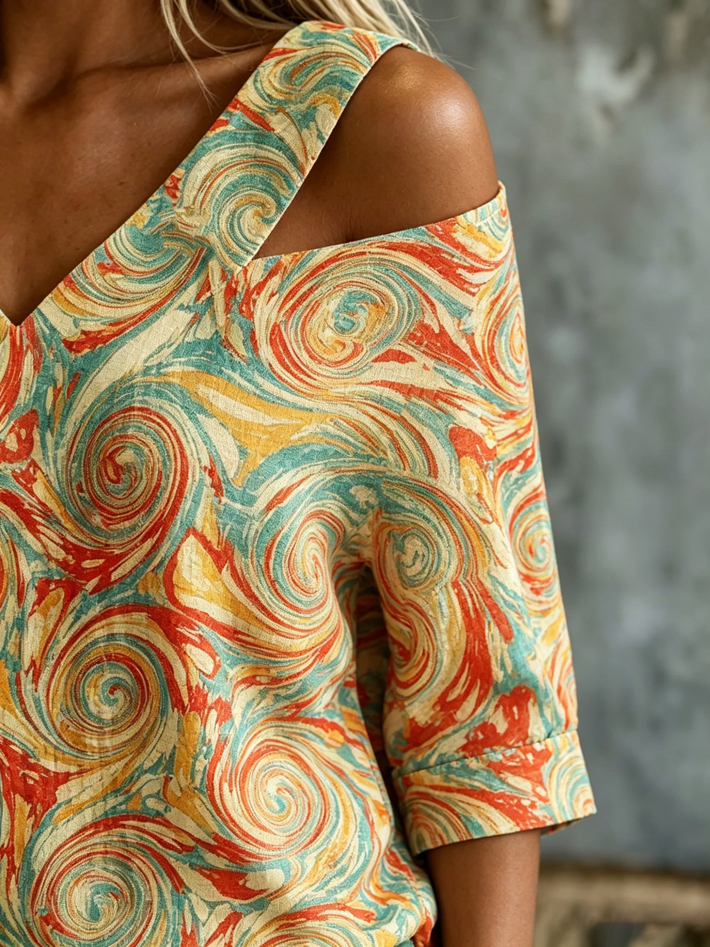 Women's Retro Ethnic Colorful Art Print Casual Three-quarter Sleeve V-neck Off-shoulder Cotton Linen Shirt
