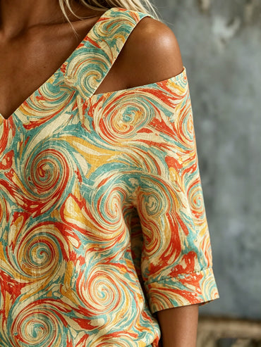 Women's Retro Ethnic Colorful Art Print Casual Three-quarter Sleeve V-neck Off-shoulder Cotton Linen Shirt