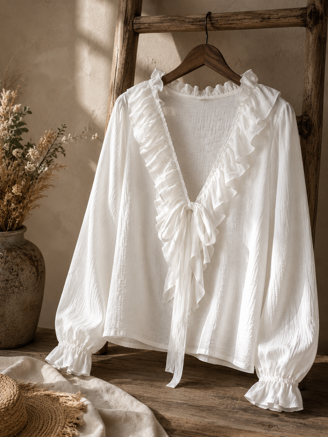 Women's Boho V-Neck Tie Ruffle Long Sleeve Linen Blend Blouse Top