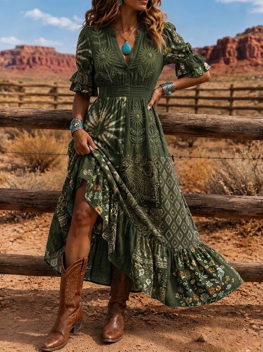 Women's Western Boho Floral Paisley Printed Maxi Dress