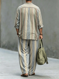 Men's Retro Stripes Art Print Cotton Shirt Set