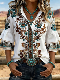 Women's Western Floral Embroidered Denim Bell Sleeve Shirt
