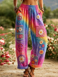 Women's Hippie Peace Symbol Embroidered Cotton Linen Casual Pants