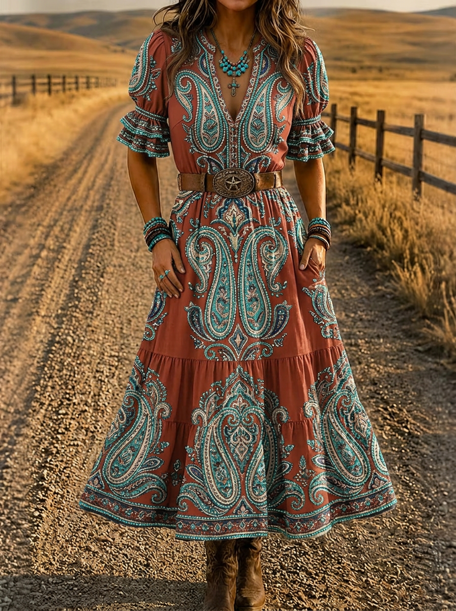 Women's Western Boho Paisley Printed Dress