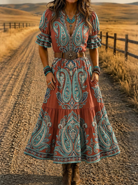 Women's Western Boho Paisley Printed Dress