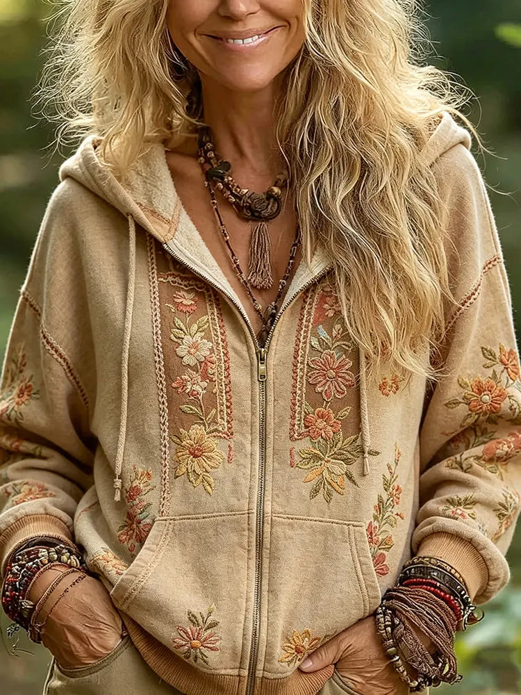Women's Retro Floral Embroidery Patchwork Comfortable Warm Zipper Hoodie