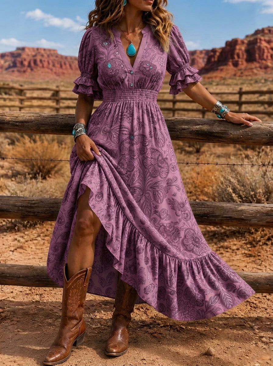 Women's Western Boho Floral Paisley Printed Dress