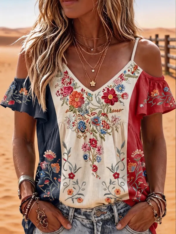 Women'S Retro Western Printed Off Shoulder Top