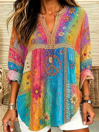 Women's Hippie Floral Peace Sign Tie Dye Patchwork Print Casual Shirt