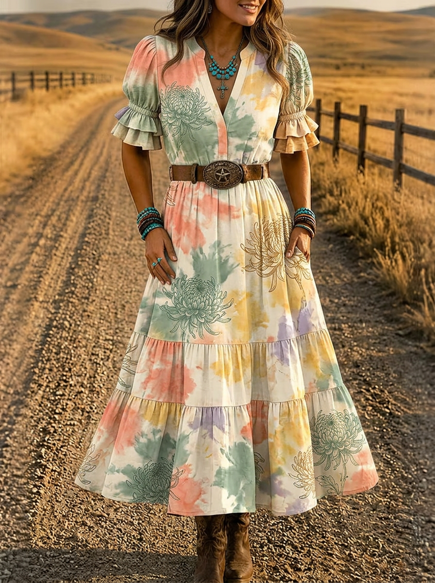 Women's Western Boho Floral Tie-Dye Printed Dress