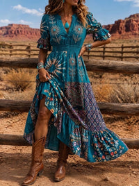 Women's Western Boho Floral Paisley Printed Maxi Dress