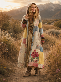 Retro Bohemian Style Art Printed Cotton Buttoned Hooded Casual Loose Long-Sleeved Shirt