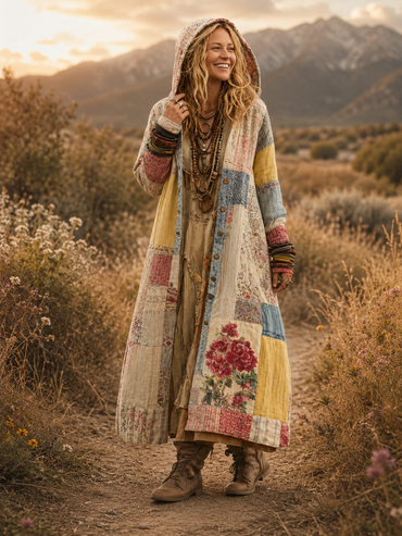 Retro Bohemian Style Art Printed Cotton Buttoned Hooded Casual Loose Long-Sleeved Shirt