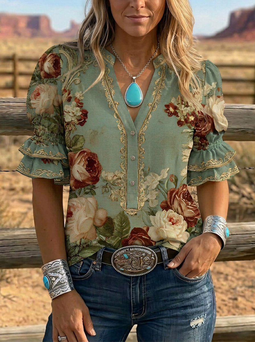 Women's Retro Floral Art Puff Sleeve Casual Shirt