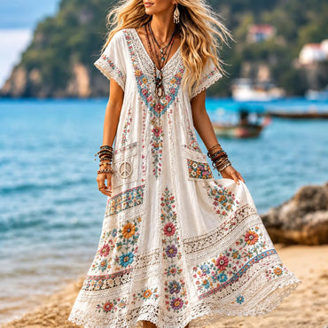 Women's Boho Hippie Floral Embroidery Art V Neck Short Sleeve Maxi Dress
