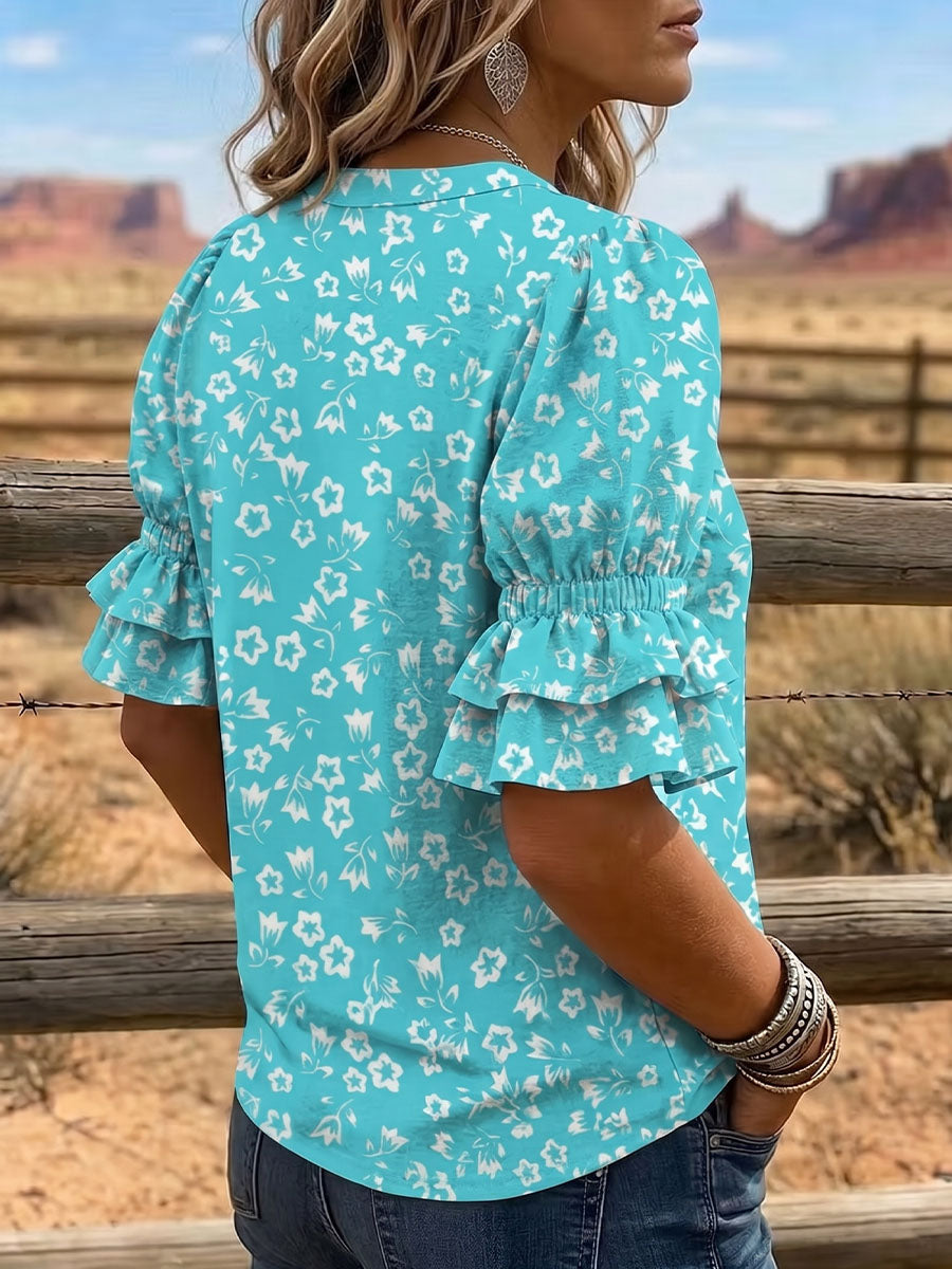 Vintage Art Print Comfortable Summer Fabrics Puff Sleeve Casual Shirt