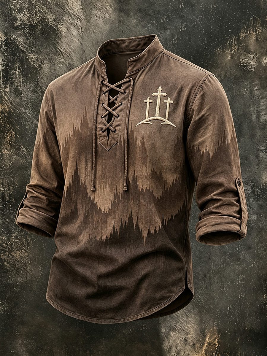 Men's Three Cross Mountain Forest Gradient Lace Up Western Shirt