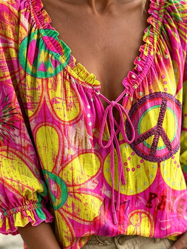 Women's Colorful Hippie Peace Floral Art Print Casual Long-sleeve V-neck Ruffled Cotton Shirt