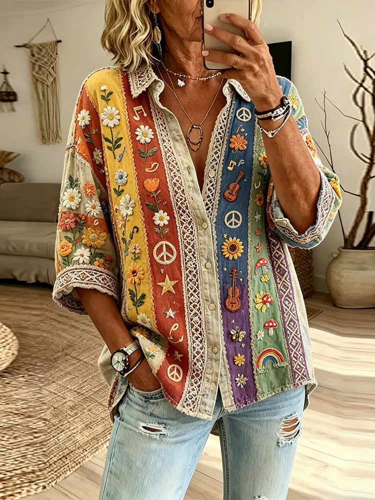 Women's Hippie Floral And Peace Symbol Art Patchwork Cotton Linen Long-sleeved Shirt