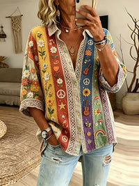 Women's Hippie Floral And Peace Symbol Art Patchwork Cotton Linen Long-sleeved Shirt