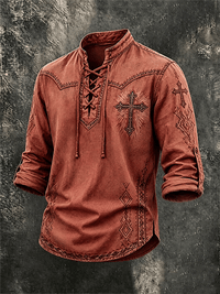 Men's Western Cross Ethnic Pattern Lace Up Vintage Long Sleeve Shirt
