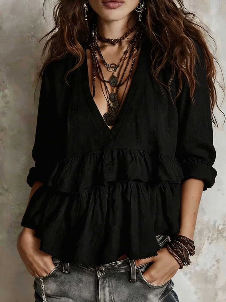 Women's Boho V-Neck Tiered Ruffle Peplum Blouse Top