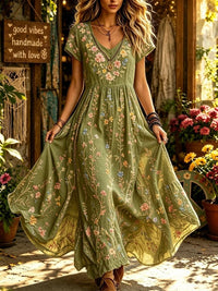 Women's Vintage Floral Embroidery Art V Neck Short Sleeve Maxi Dress