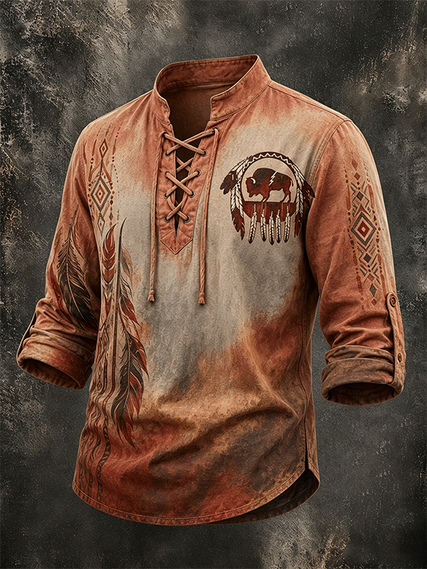 Men's Vintage Western Buffalo Dreamcatcher Lace Up Long Sleeve Henley Shirt