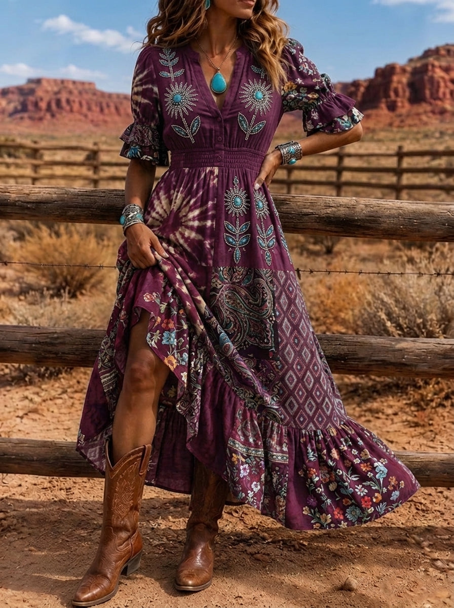 Women's Western Boho Floral Paisley Printed Maxi Dress