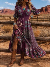 Women's Western Boho Floral Paisley Printed Maxi Dress