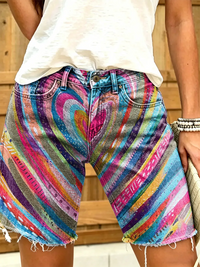 Women's Rainbow Heart Stripe Print Frayed Denim Bermuda Shorts