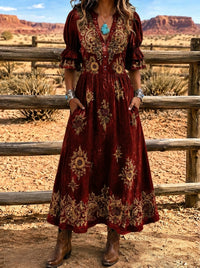 Women's Western Boho Sunflower Floral Printed Velvet Dress