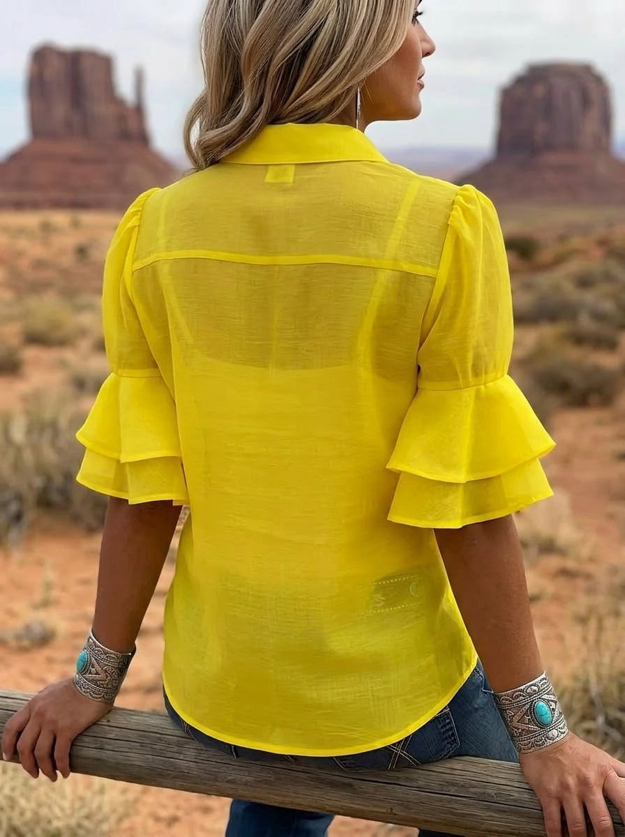 Women's Retro Lapel Puff Sleeve Ruffle Casual Shirt