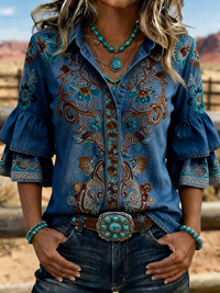 Women's Western Floral Embroidered Denim Bell Sleeve Shirt