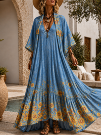 Retro Style Art Printed Vintage Camisole Dress Long Sleeve Two-Piece Maxi Dress