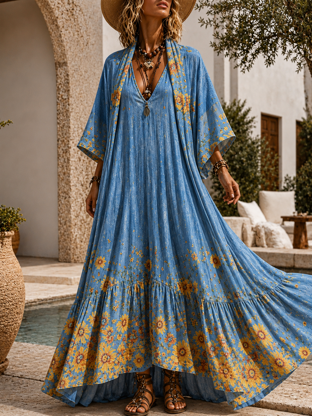 Retro Style Art Printed Vintage Camisole Dress Long Sleeve Two-Piece Maxi Dress