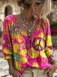 Women's Colorful Hippie Peace Floral Art Print Casual Long-sleeve V-neck Ruffled Cotton Shirt