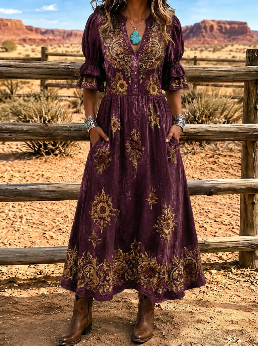 Women's Western Boho Sunflower Floral Printed Velvet Dress
