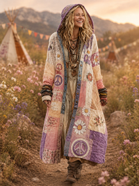 Retro Bohemian Style Art Printed Cotton Buttoned Hooded Casual Loose Long-Sleeved Shirt