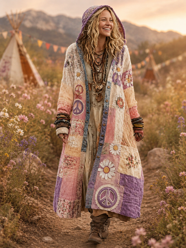 Retro Bohemian Style Art Printed Cotton Buttoned Hooded Casual Loose Long-Sleeved Shirt
