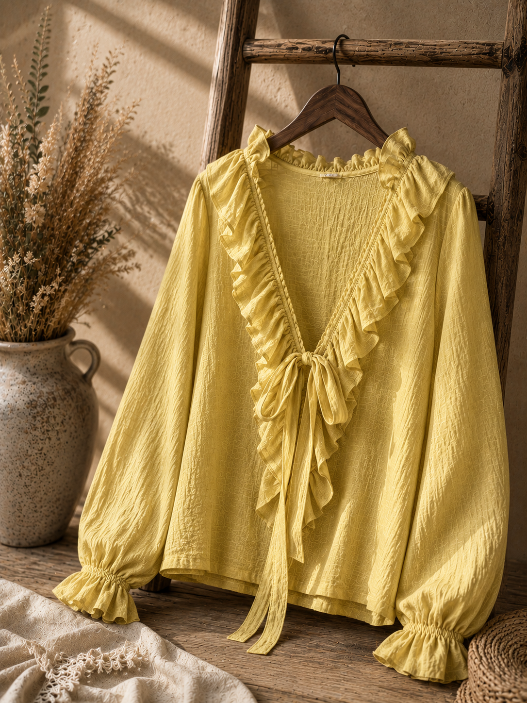 Women's Boho V-Neck Tie Ruffle Long Sleeve Linen Blend Blouse Top