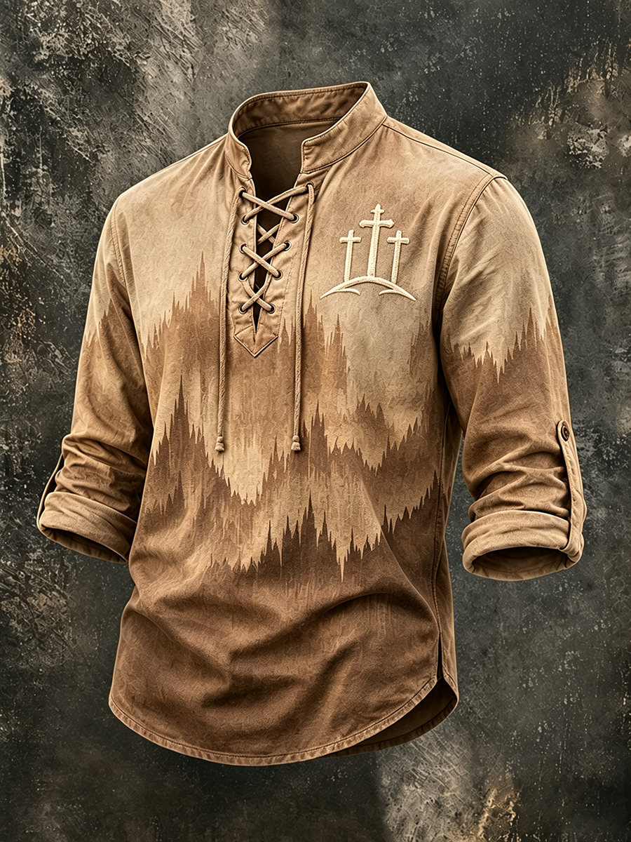 Men's Three Cross Mountain Forest Gradient Lace Up Western Shirt
