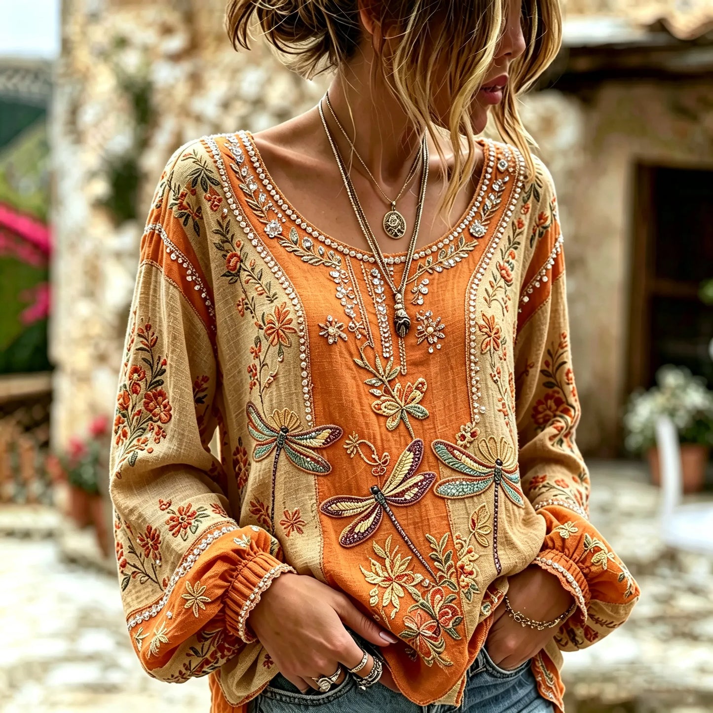Women's Vintage Dragonfly And Floral Art Print Flowy Linen Blend  Round Neck Linen Tops