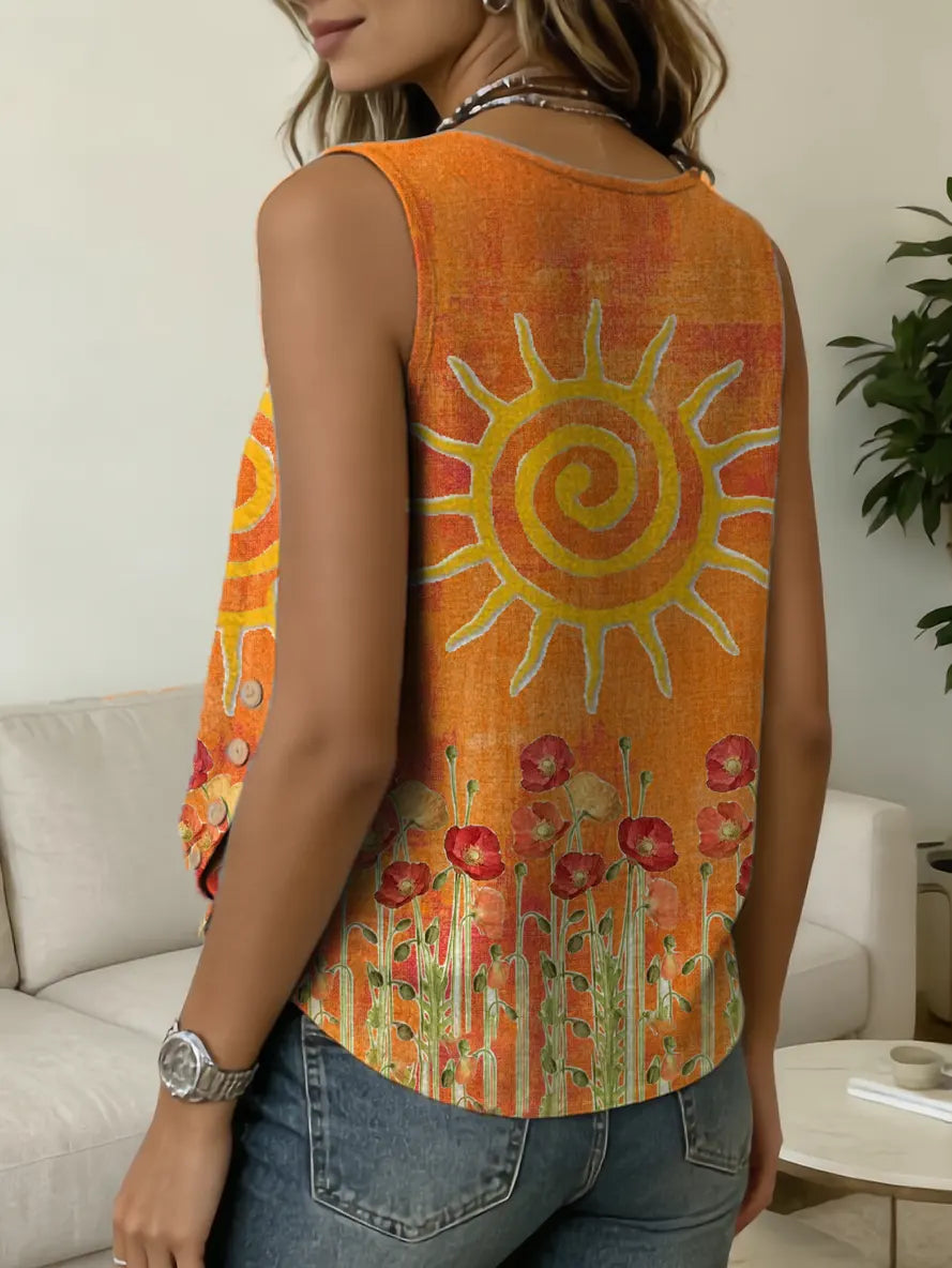 Women's Casual Button-down Tank Top With Sunflower Floral Print
