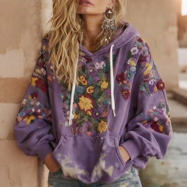 Women's Retro Floral Embroidery Art Long Sleeve Casual Hoodie