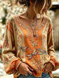 Women's Vintage Dragonfly And Floral Art Print Flowy Linen Blend  Round Neck Linen Tops